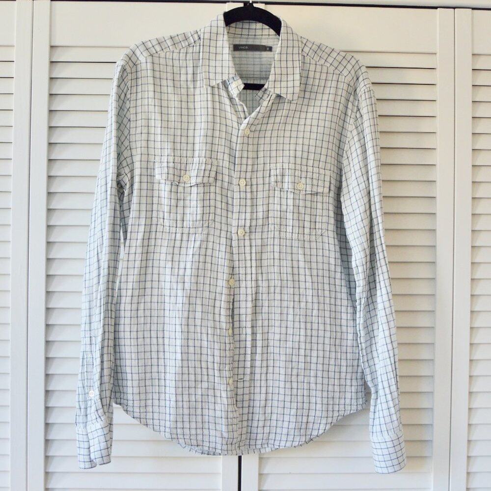 VINCE Men's Small Button Up Long Sleeve Shirt Blue and White Plaid | Size Small